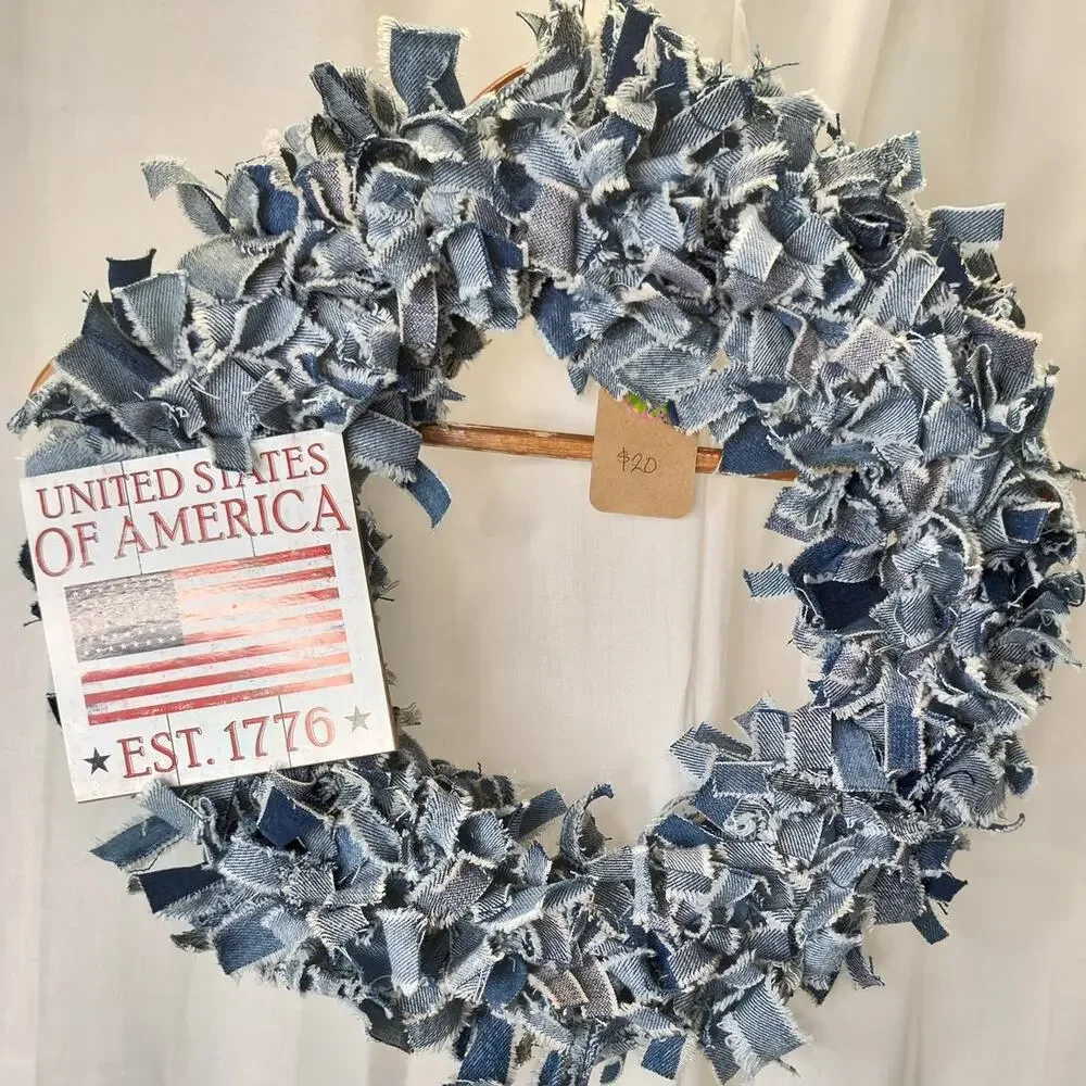Upcycled Denim Rag Wreath with God Bless American Sign, 16